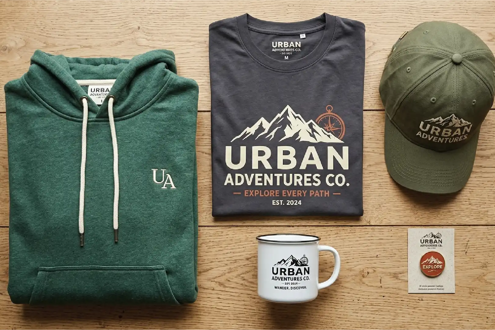Product range collage including t-shirt hoodie cap mug and badge